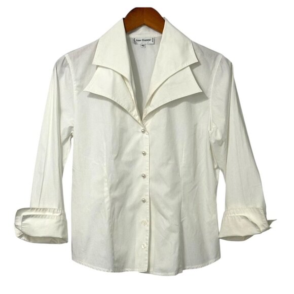 Anne Fontaine Crisp White Shirt Double Collar & Cuff Pearl Buttons Size 42 / 10 - Picture 1 of 12